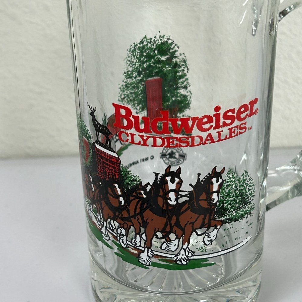 Budweiser Beer Stein Mug Vintage Glass Clydesdales Horses Christmas 1991 - Picture 2 of 8